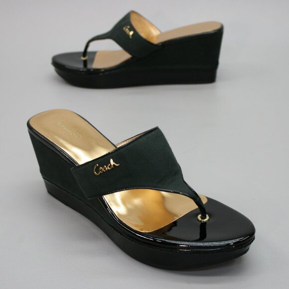 Coach Ladies 10 Felecia Black Patent/Textile Wedge Platform Shoes Thong Sandals - Picture 1 of 12